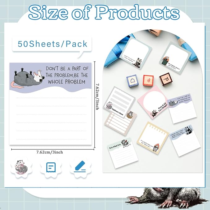 Funny Sticky Notes Gifts - 9 Pack Funny Opossum Notepads 3x3 Inches for Students Coworkers, Opossum Gag Gifts for Women Men, Animal Themed Memo Pads School Office Supplies (450 Sheets)