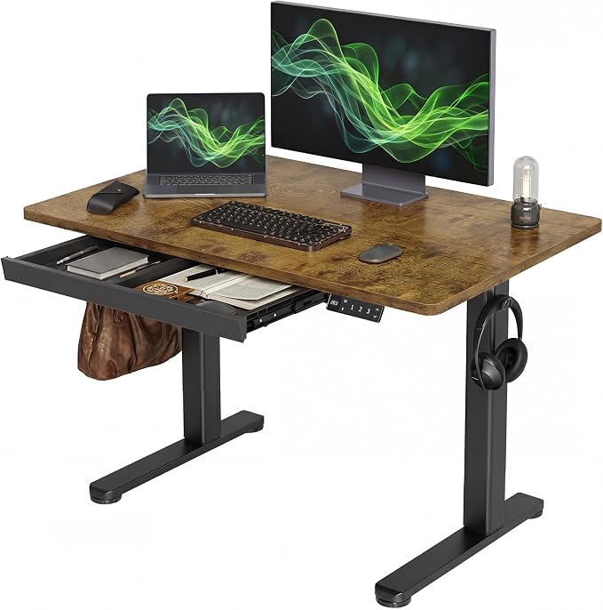 YDN Electric Standing Desk with Drawer 40 Inch Rustic Brown | Industrial steel frame supports 176 lbs, 28.3 to 46.5 inch height range, quiet 45 dB motor, 25.6 x 12.6 inch storage drawer