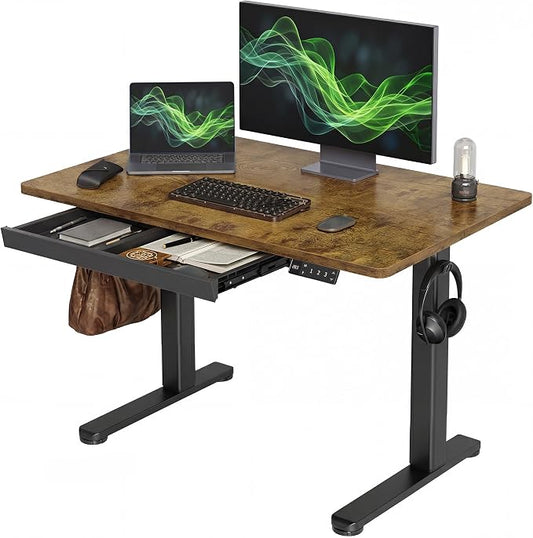 YDN Electric Standing Desk with Drawer 40 Inch Rustic Brown | Industrial steel frame supports 176 lbs, 28.3 to 46.5 inch height range, quiet 45 dB motor, 25.6 x 12.6 inch storage drawer
