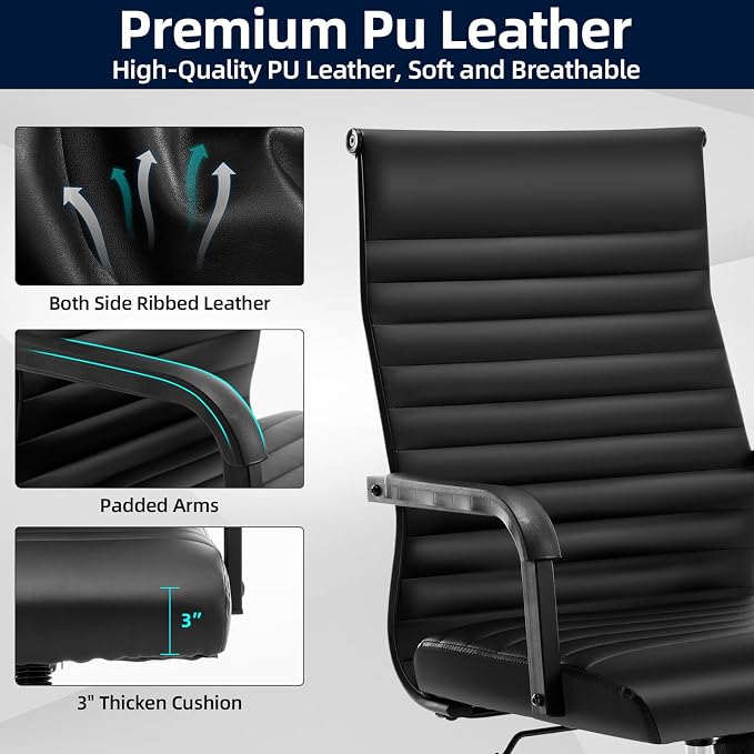 Office Chair, Ergonomic Executive Conference Room Chairs, Ribbed Leather Desk Chair with Lumbar Support, Adjustable Height Mid-Back Swivel Chair with Padded Seat
