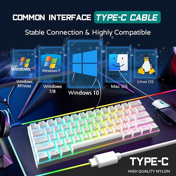 RK ROYAL KLUDGE RK61 Wired 60% Mechanical Gaming Keyboard, Compact PC Game Keyboards with QMK/VIA Programmable RGB Backlit, Hot Swappable Custom Keyboard for Win/Mac, Pre-lubed Red Switch, White