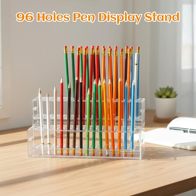 2 Pcs 2-Tier Clear Acrylic Pen Holder with 96 Slots - Multi-Hole Acrylic Pen Display Stand for Organization, Perfect Makeup Brush Holder & Art Brush Rack Organizer for Office Desk, Craft Shows