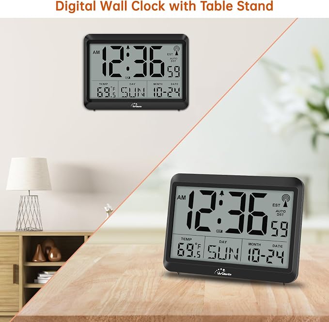 WallarGe Self-Setting Atomic Digital Wall Clock with Auto DST | Battery Operated, Large Display with Temperature, Date and Day, 4 Time Zones, Wall Mount/Desktop Clock for Classroom, Office