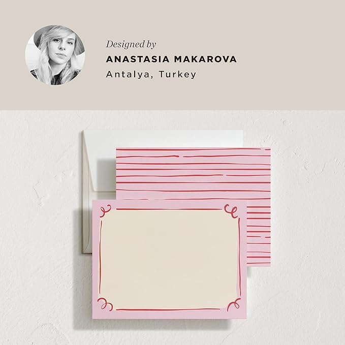 Minted Curly Corners Stationery Set, Set of 10, Flat Note Cards & Envelopes for Invitiations and Handwritten Thank You Messages, Pink Hand-Drawn Frame Design, Gifts for Women, Luxurious Paper