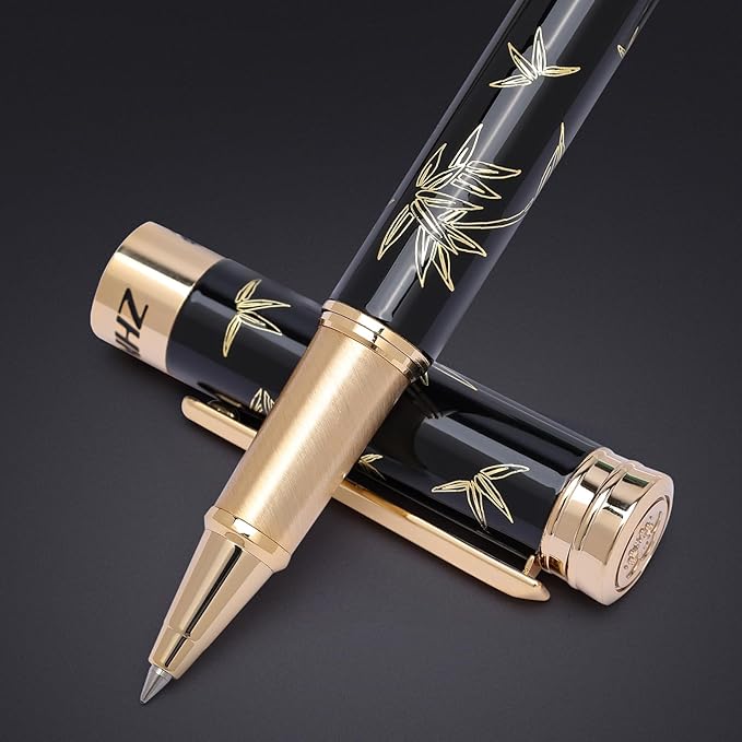 ZHKUVE Luxury Rollerball Pen,Stunning Black Lacquer with bamboo leaf patterns,Switzerland Tip with Black Ink Refills, Elegant Gift Set For Men & Women, Executive Writing, Nice Fancy