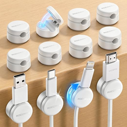 Rocoren 12 Pack 360° Rotating Magnetic Cable Clips, No-Residue Adhesive Cord Organizer for Cable Management, 1s Lock Cord Holder for Desk Nightstand Wall Car,Office Home Dorm Room Accessories,White