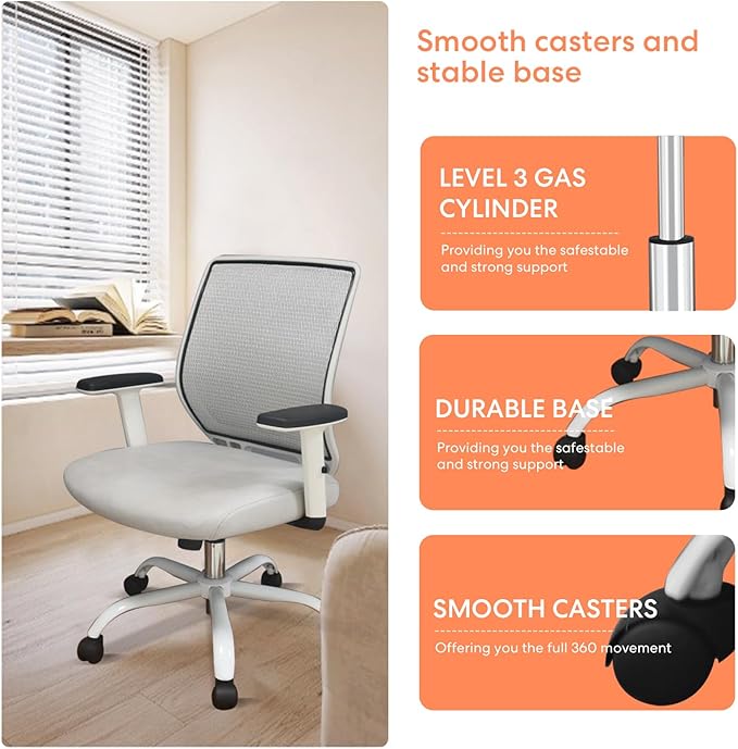 Ergonomic Office Chair Home Mesh Desk Chair with Adjustable Arms - Mid Back Computer Chairs for Adults - Swivel Task Chair Comfortable for Home Office (White &Grey)