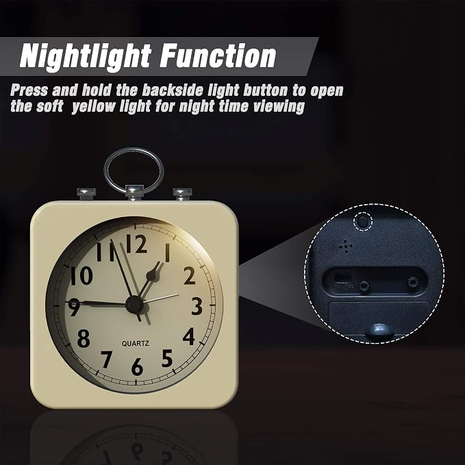 AYRELY® Small Metal Alarm Clock, Desk and Table Clock for Travel | Battery Operated Retro Silent Clock with Light for Bedroom, Bedside, Shelf and Living Room Decor (White)