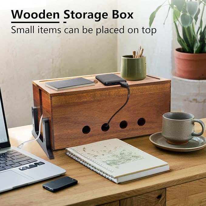 Large Wood Cable Management Box, Vintage Walnut Cord Organizer 14.1" | Hides power strips & TV wires, 14.1 x 6 x 6.3 inches,Ideal for home & office organization