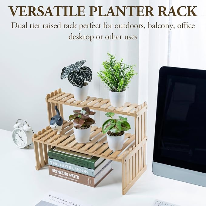 MyGift Bamboo Desktop Plant Stand, 2 Tier Slatted Shelf Organizer Rack | Natural bamboo stand adds two tiers for displaying plants, décor and essentials while keeping desks and countertops organized