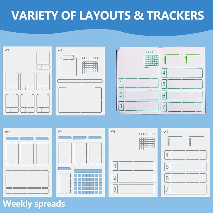 12 Pieces Speedy Spreads Journal Stencil DIY Journal Templates Reusable Weekly Monthly Layouts Stencils Plastic Planner Set for A5 Bullet Dot Grid DIY Notebook Diary