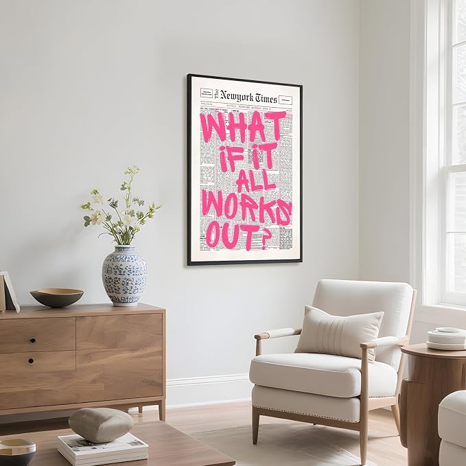 Vintage What If It All Works Out Canvas Wall Art Retro Newspaper Pink Font Poster Positive Affirming Quote Minimalist Prints Painting for Bedroom Study Dorm Wall Decor 24x36inch Black Frame