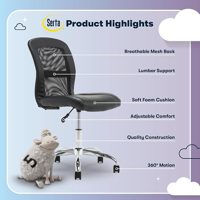 Serta Armless Small Home Desk Chair with Wheels, Ergonomic Mesh Back Chair | Leather & Foam Cushion Seat, Adjustable Height, Small Vanity Chair for Bedroom & Small Spaces, Home Office Desk Chair, Black