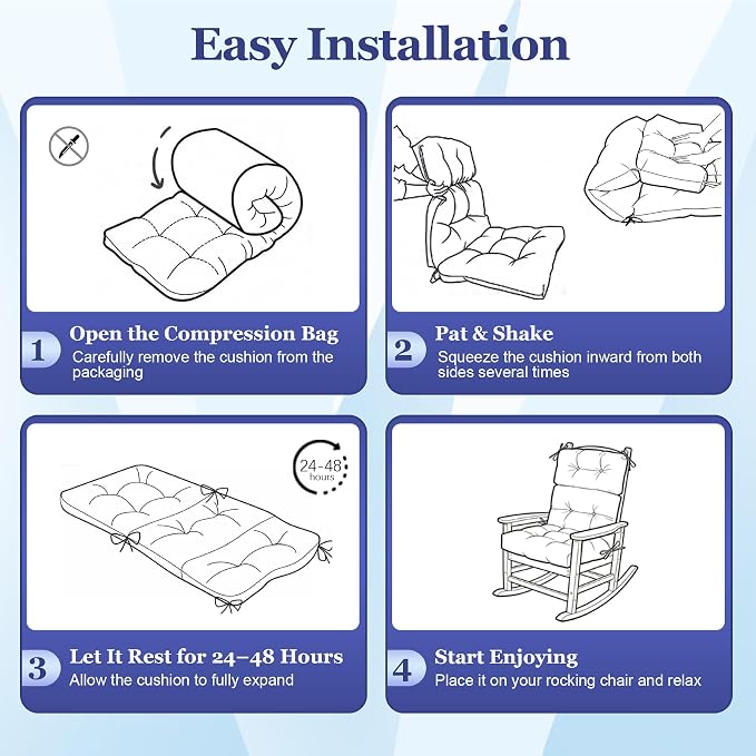 Rocking Chair Cushion, Waterproof and Fade-Resistant Adirondack Rocker Cushions, Indoor/Outdoor Rocking Chair Pads, High Back Memory Foam Patio Furniture Cushions with Ties, 44x23x4 Inch, Light Grey