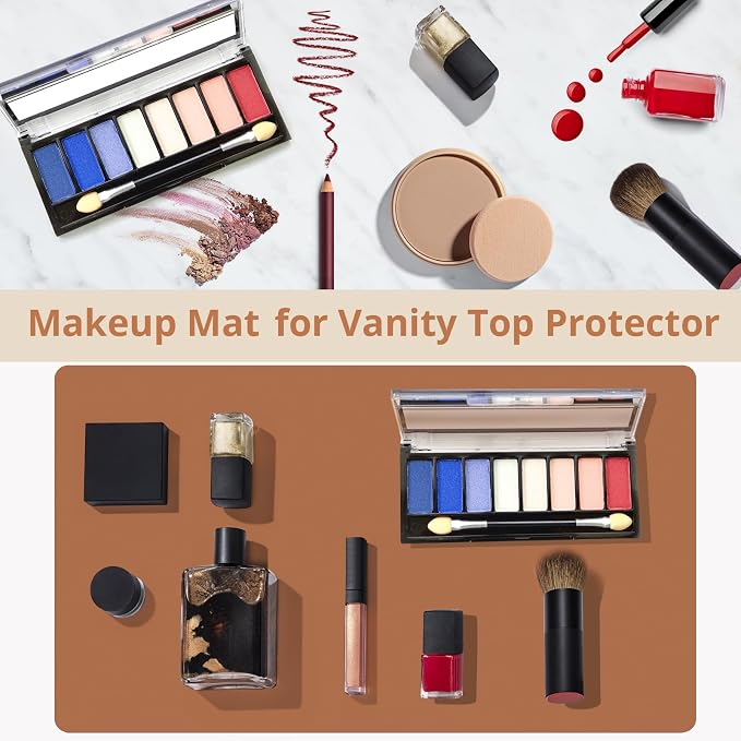 LovePads Makeup Mat for Vanity, 16 x 36 Dual-Sided Desk Pad & Vanity Cover Top, Waterproof PVC Protector Mat for Dresser, Nail Art, Craft Table (Brown+Beige)
