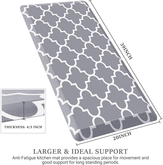 WISELIFE Anti Fatigue Floor Mat - 4/5 Inch Thick Kitchen Mat Non Slip Waterproof Heavy Duty Ergonomic Comfort Mat Durable for Home, Office, Sink, Laundry,(20" x 39", Grey)