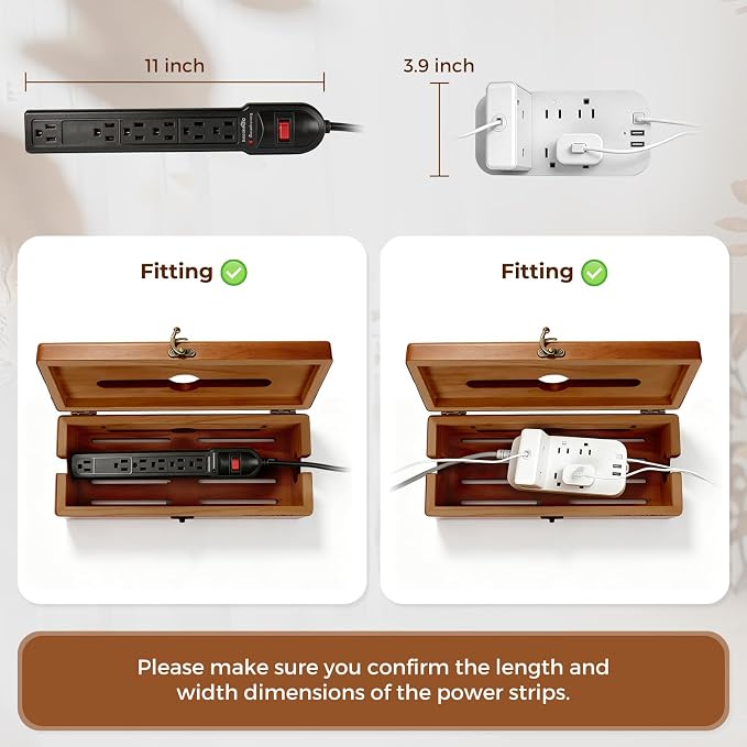 Cable Management Box with Latch, Soild Wood Cord Box with 4 Open Slots, Cable Box to Hide Cords and Power Strip