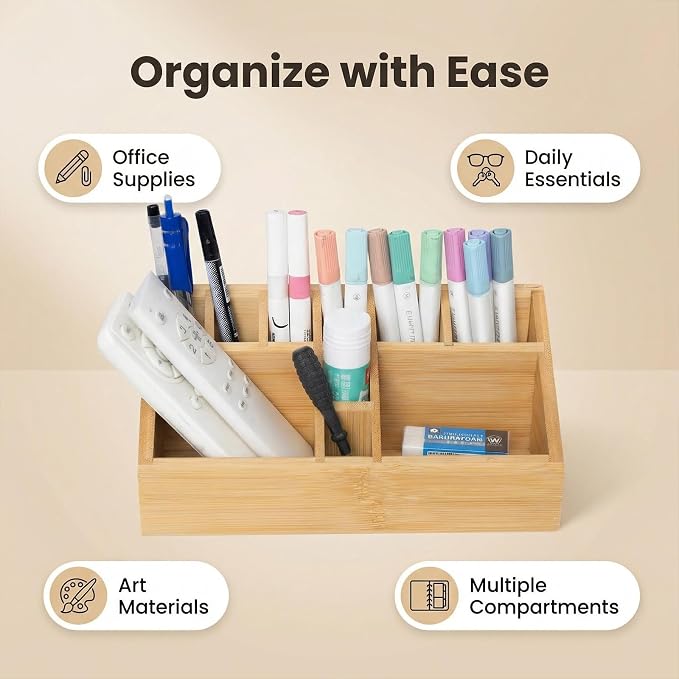2 Pack Bamboo Art Supply Organizer Pen Holder | Wooden Desktop Storage, For Artists, Office Supplies, Makeup Brushes, Minimalist Desk Accessory