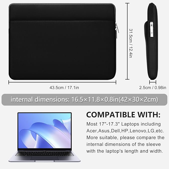 Laptop Sleeve Case Compatible with 17 to 17.3 inches HP Asus Lenovo Notebook Protective Portable Cover with Front Pocket Shockproof Padded Computer Pouch Cover Protective for 17” Laptop,Black