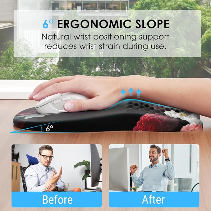 MROCO Ergonomic Mouse Pad with Wrist Support, 11.8 x 7.8 in, Black Flower | Memory Foam Wrist Rest Mouse Pad, Non-Slip Base, Smooth Lycra Surface for Office & Home, Comfortable Wrist Support