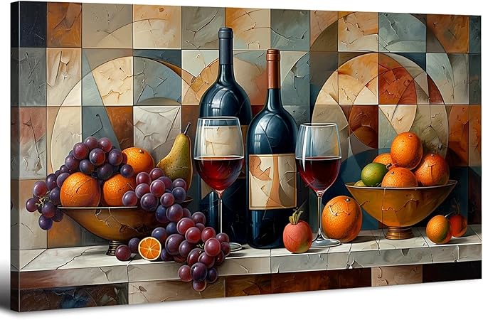 Abstract Kitchen Wall Art Geometric Dining Room Wall Decor Red Wine Glass Canvas Prints Pictures Rustic Farmhouse Fruits Still Life Painting Living Room Wine Bar Art Wall Decor Home Decorations 20x40"