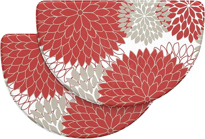 KIMODE Half Circle Kitchen Mats for Floor Cushioned Anti Fatigue 2PCS Semi | 28"x18"+28"x18",Half Round,Red,Boho Kitchen Rug Sets of 2,Non Slip,Waterproof,Padded Kitchen Carpet Decor for Sink Laundry