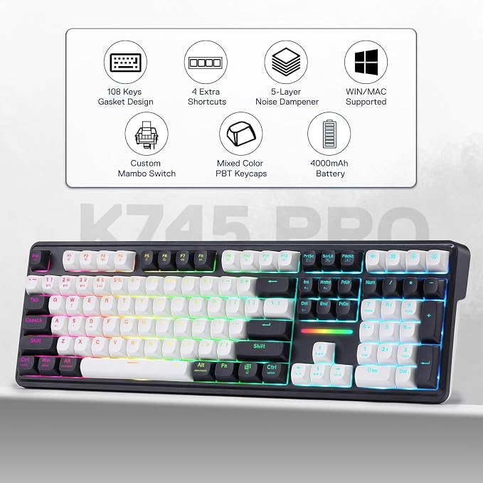 Redragon K745 PRO Wireless Gasket RGB Gaming Keyboard, 108 Keys Mechanical Keyboard w/Extra 4 Hotkeys, Hot-Swap Socket, 5-Layer Noise Dampening, See-Through Round PBT Keycaps, Mint Mambo Switch
