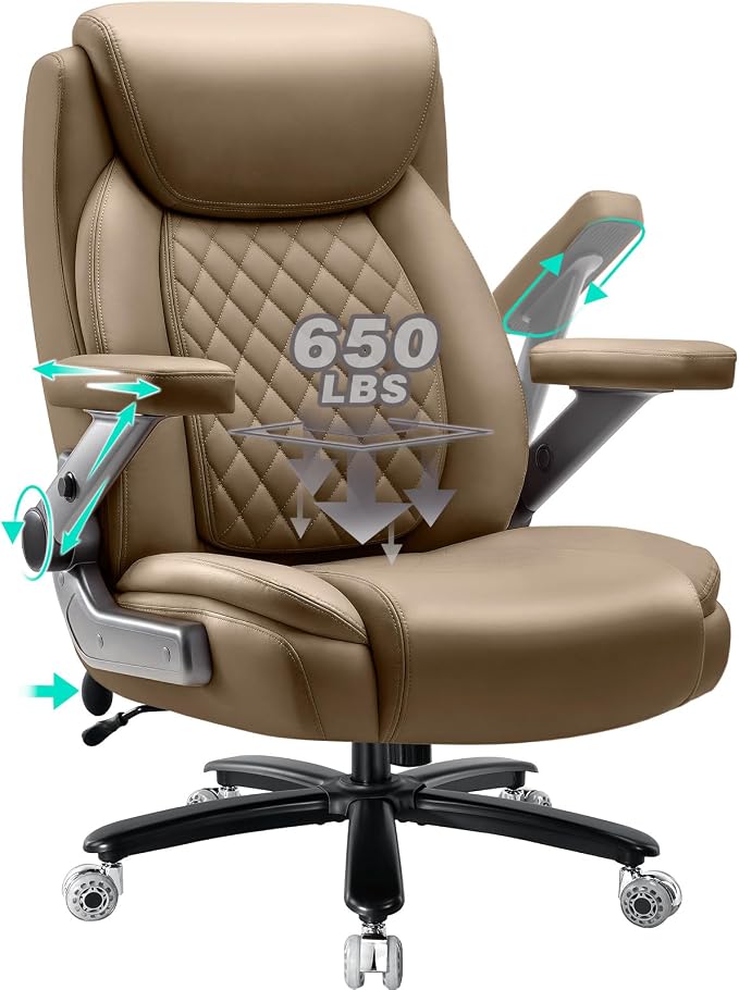 650LBS Big and Tall Office Chair with 5D Flip Arms and Thick Pocket Spring Cushion, Extra Wide Heavy Duty Office Chair & Adjustable Lumbar Support, Large High Back Computer Chair Dual Rubber Wheel