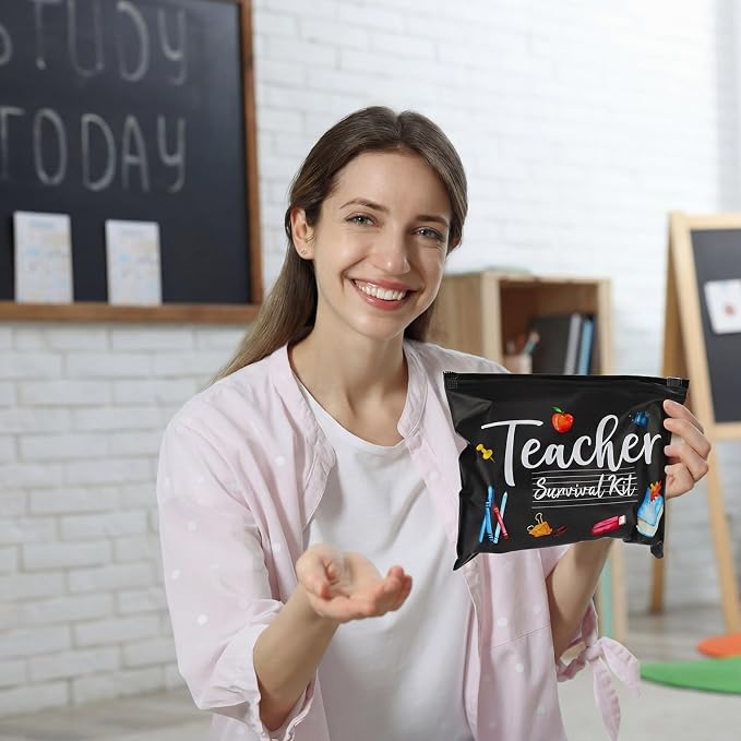 60 Pcs Teacher Appreciation Gifts Bulk Black Teacher Survival Small Waterproof Makeup Toiletry Bag Pouch Cosmetic Pencil Bag Thank You Gifts for Women Men Travel Back to School Season Supplies