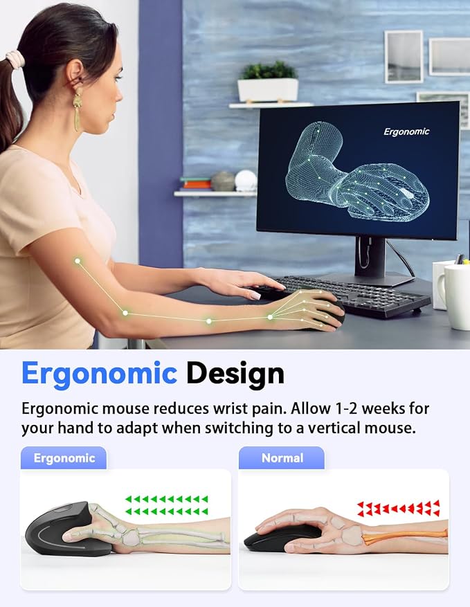 TECKNET 2.4G Ergonomic Mouse Vertical Wireless - 4800 DPI Optical Carpal Tunnel Mouse Right Hand, 5 Adjustable DPI, Quiet Clicks, 6 Buttons for Laptop, Desktop, PC, Computer - Black