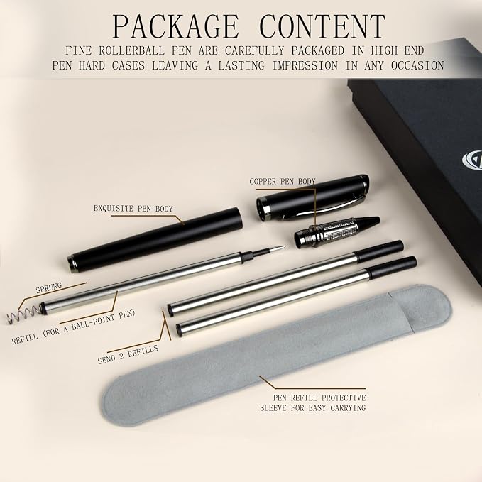 Liquid Ink Rollerball Pen,Luxury Nice pen Metal Smooth writing stylish design effortless writing,fancy pens with gift case for Men & Women with 2 Refills-Inky black