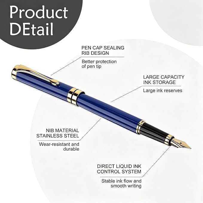 Tiankool Luxury Fountain Pen,Fine Nib, Exquisite Pen Gift Set for Men&Women-Includes 10 Ink Cartridges&Ink Converter- Nice Pens - Blue