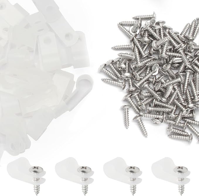 50 Pcs 1/3 Inch White Nylon R-type Cable Clip Wire Clamp | 8.4mm, Wire Management, Stainless Steel Screws Included