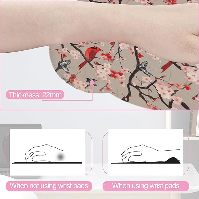 Cardinal Cherry Blossom Butterfly Keyboard Wrist Rest Pad and Mouse Pad Wrist Support Set,3-in-1 Ergonomic Mouse Pad with Non-Slip Rubber Base for Home Office Game Computers Desk,