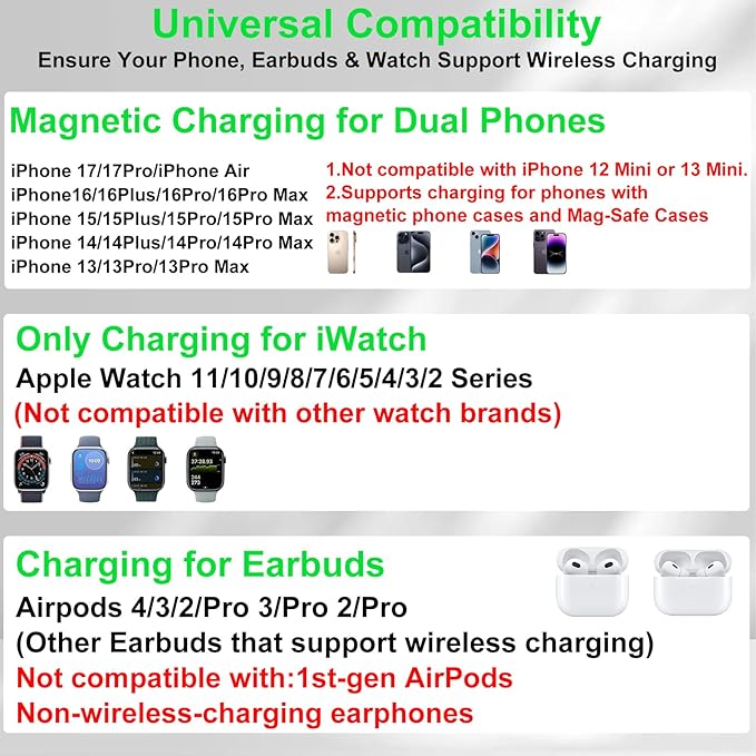 Dual Phone Wireless Charging Station for Apple Devices, Magnetic Charging Station for iPhone with Auto Switch 7-Color Light&Clock, Family Watch Charger for iPhone17 for iWatch11 for AirPods Pro3(Wood)