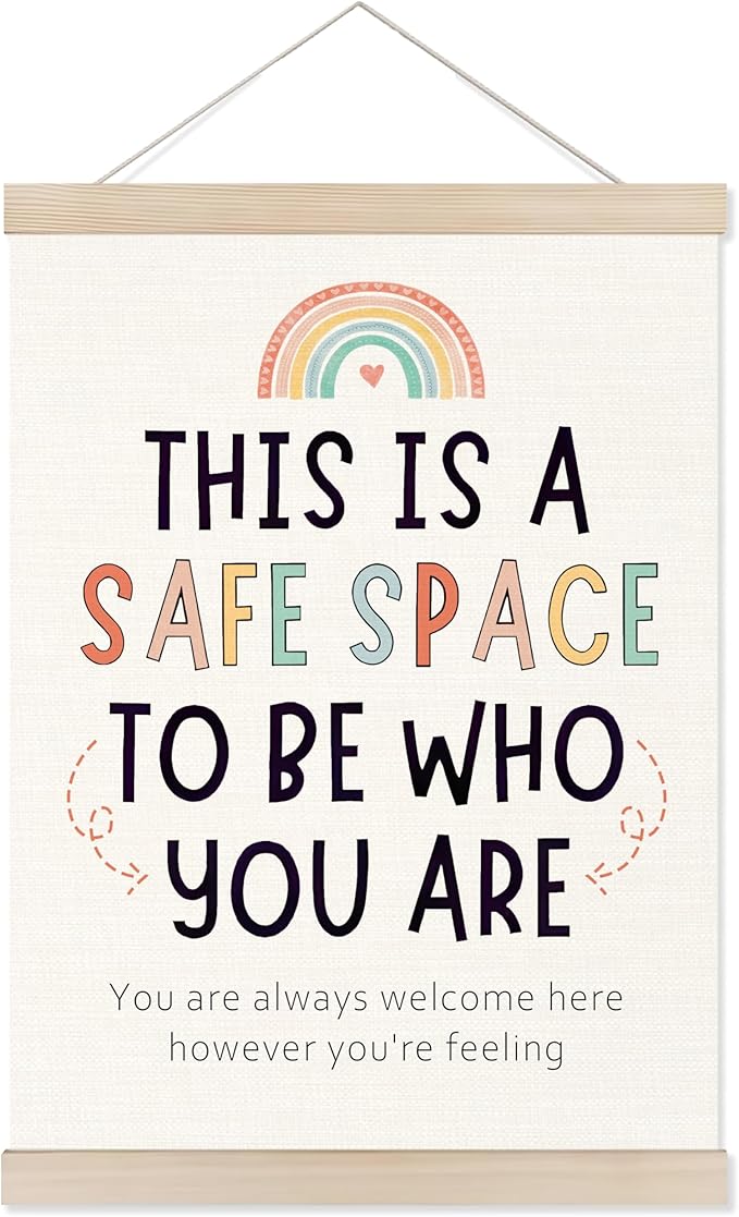 Welshower Boho Rainbow Classroom Safe Space Poster Hanger Frame, Calming Corner Wall Art Prints Decor for Counselor Therapy Office Classroom Calm Down Corner, 12x16 Inch