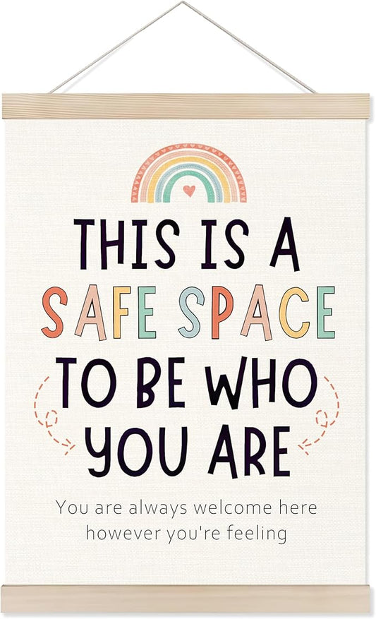 Welshower Boho Rainbow Classroom Safe Space Poster Hanger Frame, Calming Corner Wall Art Prints Decor for Counselor Therapy Office Classroom Calm Down Corner, 12x16 Inch