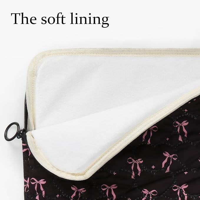 Cute Bow Puffy Laptop Sleeve 13-15 Inch Cute Quilted Laptop Protective Case Padded Bow Computer Sleeve for MacBook