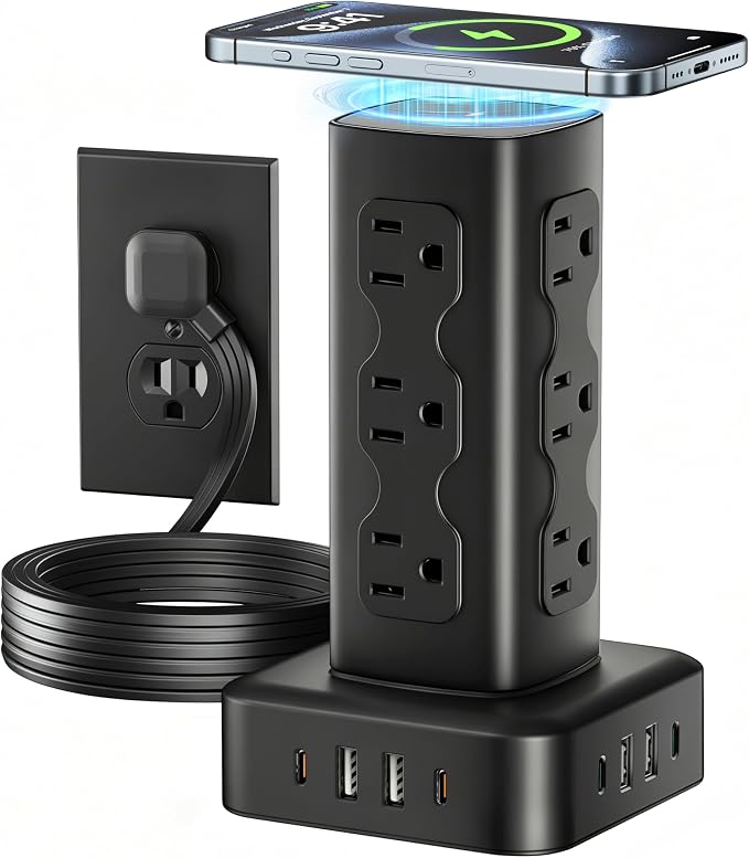 Power Strip Tower Surge Protector(2000J), PD65W Charging Station Tower with 12 AC Outlets & 8 USB Ports (4 USB C), 6FT Extension Cord for Home Office Dorm, Black