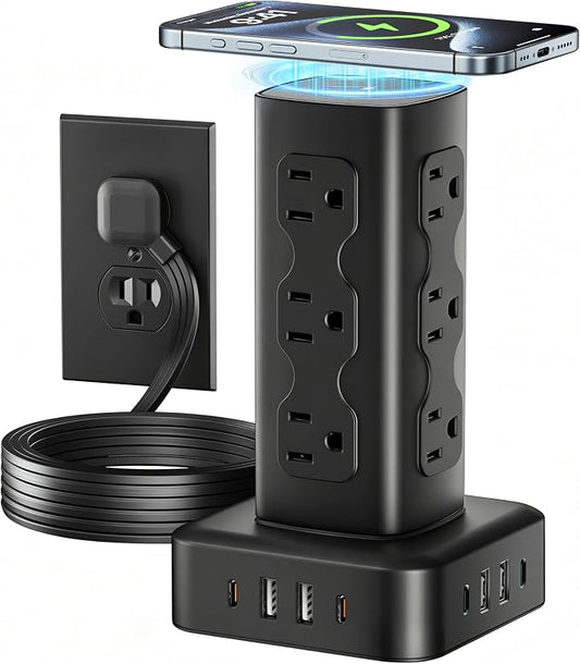 Power Strip Tower Surge Protector(2000J), PD65W Charging Station Tower with 12 AC Outlets & 8 USB Ports (4 USB C), 6FT Extension Cord for Home Office Dorm, Black