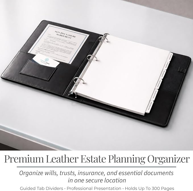 Estate Planning Leather Organizer Binder – Genuine Leather Estate Planning Portfolio, 3 Ring Round Ring Trust Binder with Tabs & Folder for Wills, Insurance & Legal Documents – Black Leather