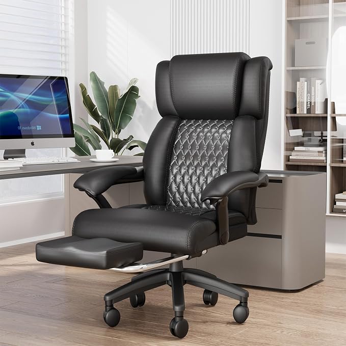 HOMREST 500lbs Big and Tall Office Chair, Ergonomic Heavy Duty Chair with Adjustable Lumbar Support & Backrest, Executive Leather Office Chair with Wide Armrests and Wheels (Black)