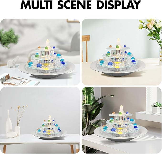 Pamopamo Indoor Tabletop Fountain 3-Tier Waterfall, Zen Meditation Fountain with LED Light, Small Desk Water Feature Soothing Sound Relaxing for Office Home Décor
