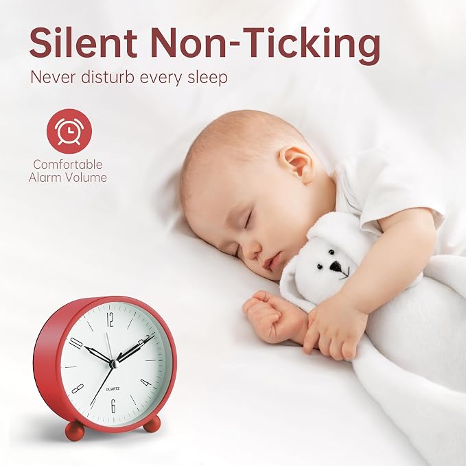 Analog Alarm Clock, 4 inch Super Silent Non Ticking Small Clock with Night Light, Battery Operated, Simple Design, Old Fashioned Style Wine-red Decor, for Bedroom, Bedside, Desk, Adult, Gift, Red