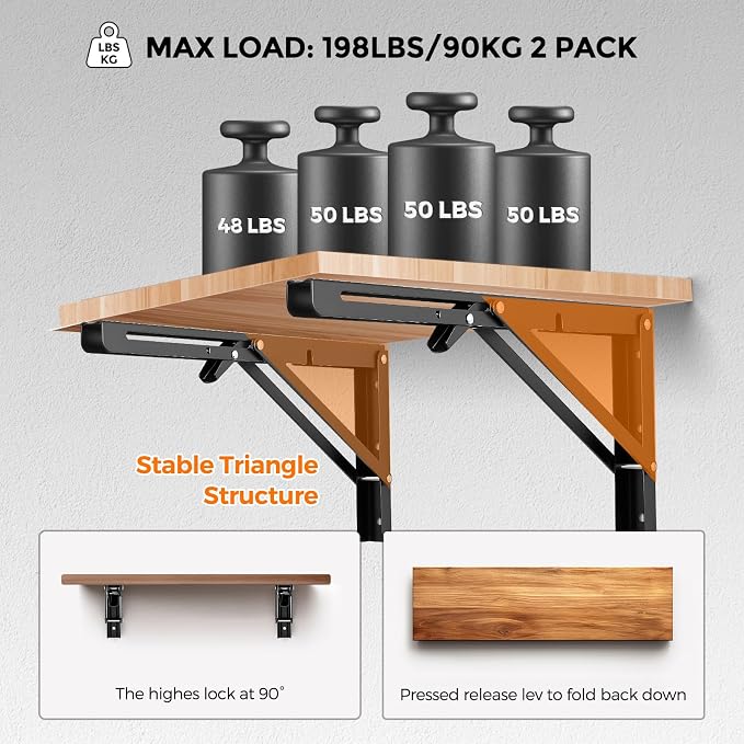 JOY DECOR 14 Inch Heavy Duty Folding Shelf Brackets, 2 Pack (1 Pair) Collapsible Wall Mounted Brackets for Fold Down Table, Stainless Steel Folding Table Hinge, Matte Black