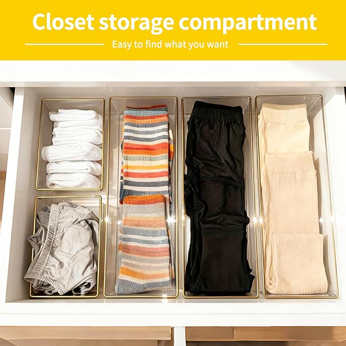 6 Pack Large Size Clear Stackable Drawer Organizer Trays, Gold Rim Makeup Drawer Storage Tray Divider, Desk Storage for Makeup, Jewelry, Bathroom, Stationary, Kitchen Utensils and Office Desk