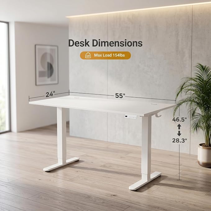 Claiks Electric Standing Desk, 55x24 Inch, White | Adjustable height for sit-stand, 156lbs capacity, scratch-resistant surface, 3 memory presets, cable management & hook.