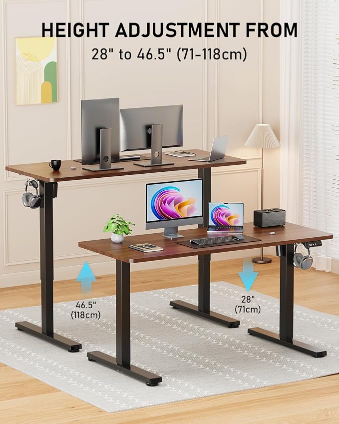 48" Electric Standing Desk Adjustable Height, Sit Stand up Desk for Home Office & Computer Workstation, 2 Memory Height Settings, Splice Board, 2 Hooks, Black Frame/Walnut Top
