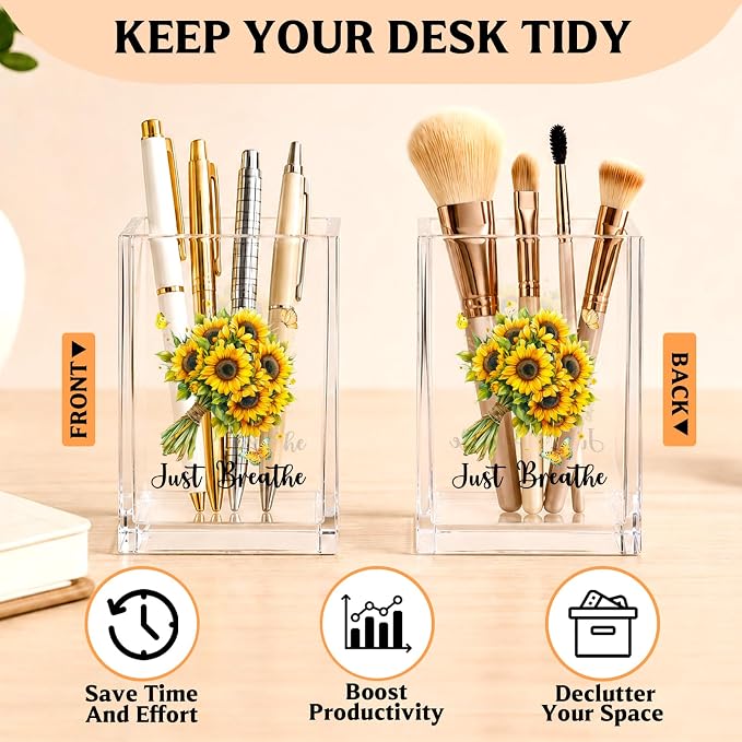 YAZMEEN Inspirational Gift Acrylic Pen Holder - Just Breathe Sunflower Desk Organizer - Office & Home Desk Decor - Birthday Gift for Women, Coworker, Friend