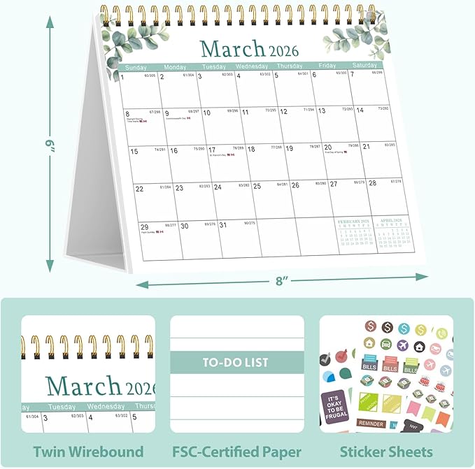 Desk Calendar 2026, Desktop Calendar 2026 Standing Flip Cover 12 Month(January - December), Small Desk Planner with Stickers & Notes for Office Accessories and Home School Supplies, Leaf
